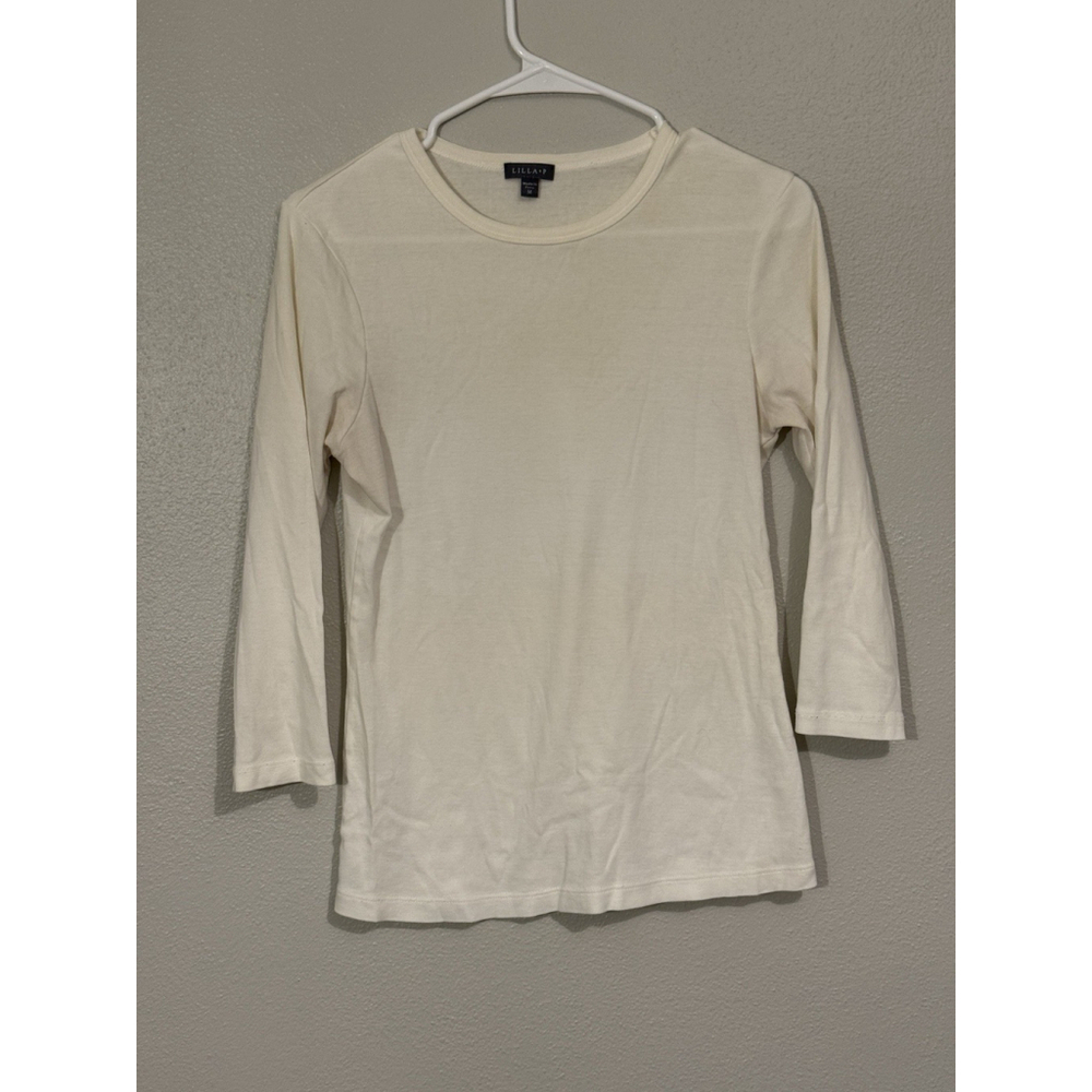 Lilla P Cotton White Long Sleeve 3/4 Crewneck Basic Tee Sz M Minimalist Classic